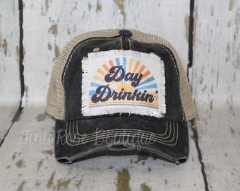 Day Drinkin' Patch Hat, Distressed Black Trucker Hat