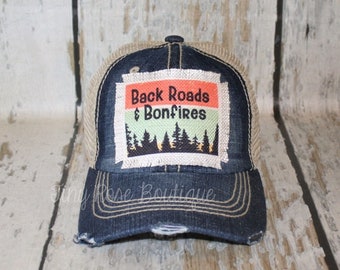 Backroads and Bonfires Patch Hat, Distressed Denim Trucker Hat