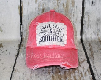 Sweet Sassy & Southern Patch Hat, Distressed Hot Coral Trucker Hat