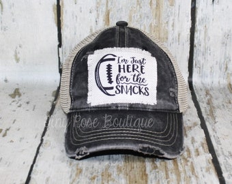 Superbowl Patch Hat, Just Here for the Snacks, Distressed Black Trucker Hat