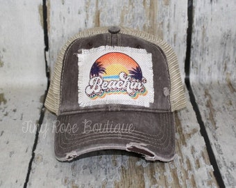 Beachin Patch Hat, Distressed Brown Trucker Hat