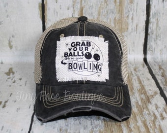 Grab Your Balls We're Going Bowling Patch Hat, Distressed Black Trucker Hat