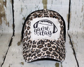 Game Day Leopard Trucker Hat, Distressed Raggy  Patch Hat