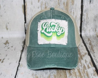 Lucky Patch Trucker Hat, Distressed Green Trucker Hat - St Patrick's Day Hat