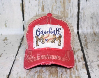 Baseball Mom Patch Hat, Distressed Red Trucker Hat