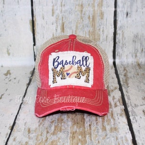 Baseball Mom Patch Hat, Distressed Red Trucker Hat image 1