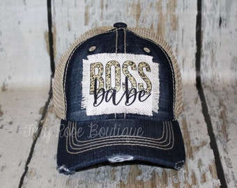 Boss Babe Patch Hat, Distressed Denim Trucker Hat