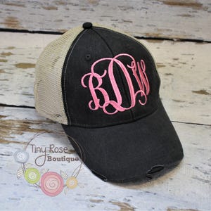 Trucker Hat, Monogrammed Distressed Black Trucker Hat Personalized Ball Cap, Mesh Trucker Hat image 1