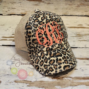 Leopard Trucker Hat, Distressed Tan Trucker Hat, Monogrammed Ball Cap, Personalized Trucker Hat
