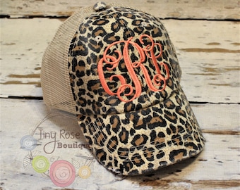 Leopard Trucker Hat, Distressed Tan Trucker Hat, Monogrammed Ball Cap, Personalized Trucker Hat