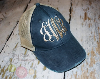 Monogrammed Trucker Hat, Distressed Navy Trucker Hat - Personalized Ball Cap, Mesh Trucker Hat