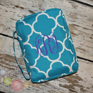 Personalized Bible Case Cover -Monogrammed Aqua Quatrefoil Bible Travel Case, Journal Tote