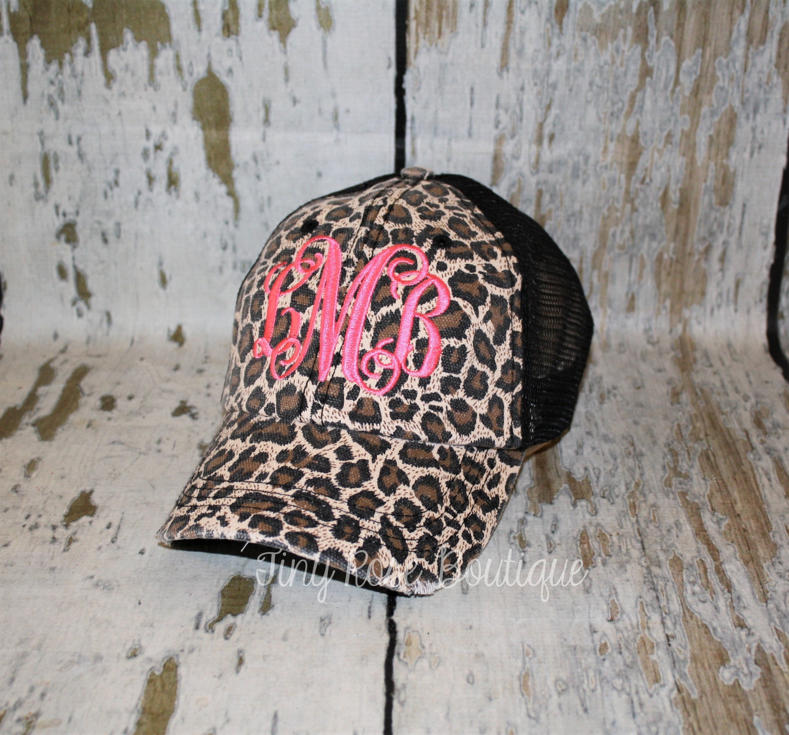 Leopard Trucker Hat: Distressed Black Mesh, Monogrammed Ball  display picture 1