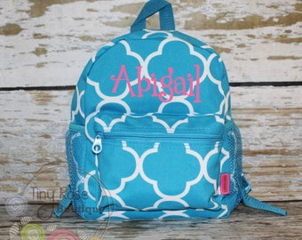 Toddler Backpack - Turquoise Quatrefoil Booksack - Personalized School Bag, Book Bag, Mini Backpack