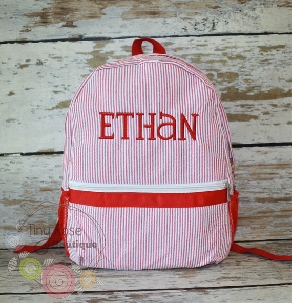 Monogram available Red seersucker drawstring backpack