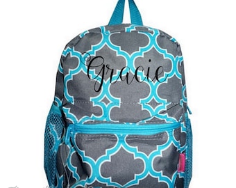 Toddler Backpack - Gray Turquoise Quatrefoil Booksack - Personalized School Bag, Book Bag, Mini Backpack