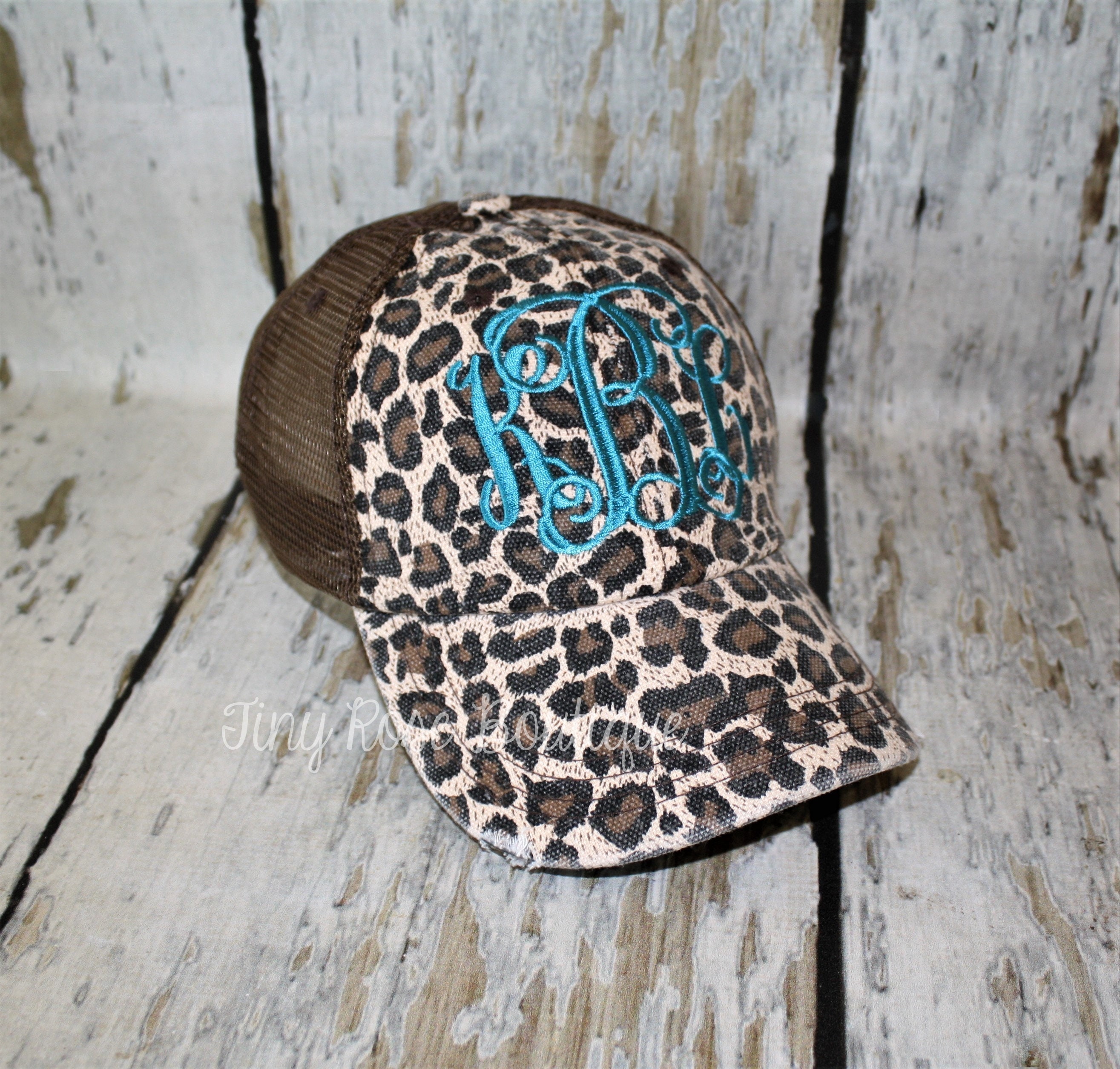 Leopard Trucker Hat: Distressed Brown Mesh, Monogrammed Ball  display picture 3