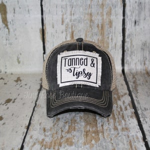 Tanned and Tipsy Patch Hat, Distressed Black Trucker Hat