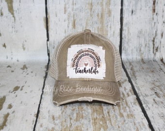 Teacher Life Patch Hat, Distressed Khaki Trucker Hat