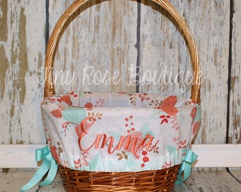 Easter Basket Liner - Coral and Aqua Floral - Comes Personalized