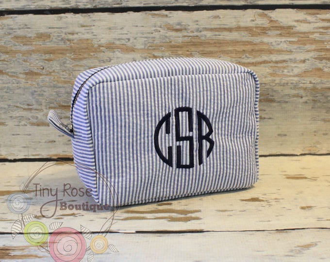 Monogrammed Navy Seersucker Cosmetic Bag Personalized Makeup - Etsy