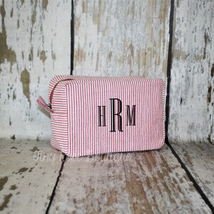 Monogrammed Red Seersucker Cosmetic Bag, Personalized Makeup Case - Bridesmaid, Wedding, Birthday, Graduation