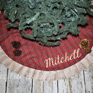 Plaid and Burlap Christmas Tree Skirt, Personalized Tree Skirt