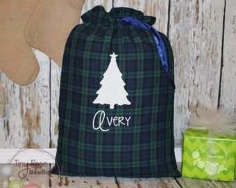 Personalized Plaid Santa Sack - Custom Name Christmas Gift Bag - Reindeer, Snowflake, Christmas Tree