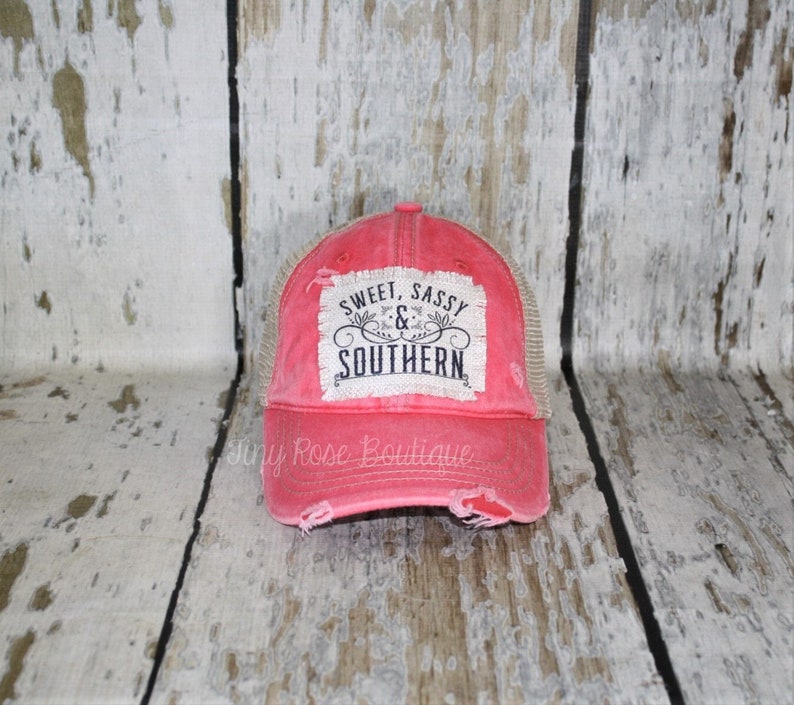 Sweet Sassy & Southern Patch Hat, Distressed Hot Coral Trucker Hat image 1