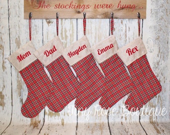 Plaid and Burlap Christmas Stockings, Personalized Holiday Stocking - Name or Monogram Included