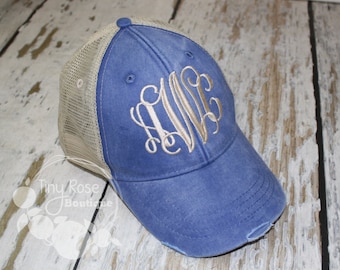 Monogrammed Trucker Hat, Distressed Royal Trucker Hat - Personalized Ball Cap, Mesh Trucker Hat