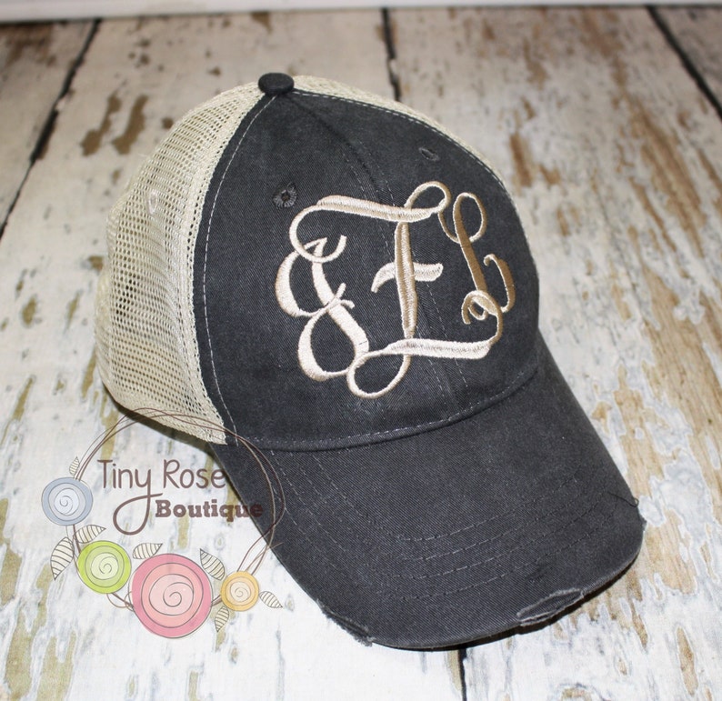 Trucker Hat, Monogrammed Distressed Black Trucker Hat Personalized Ball Cap, Mesh Trucker Hat image 5