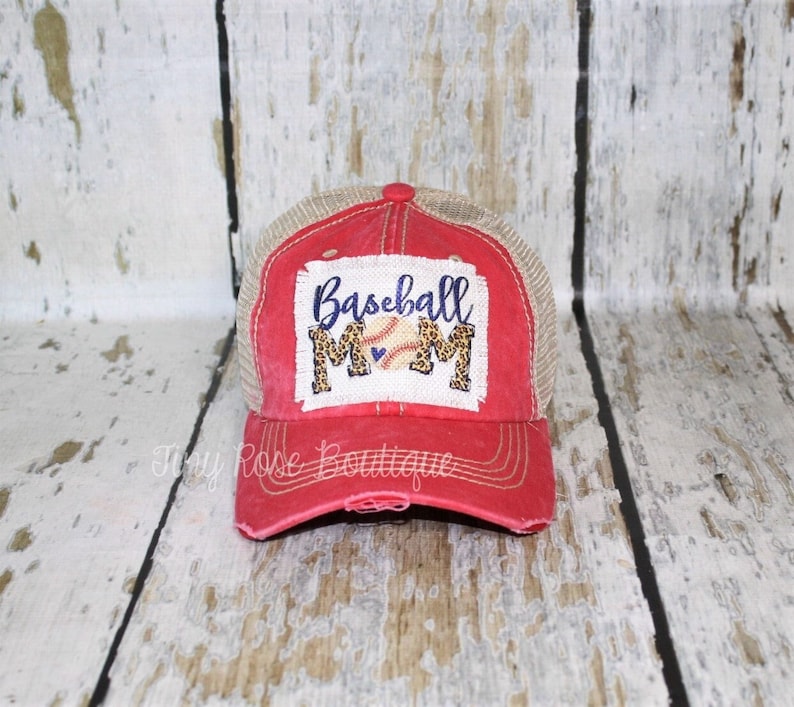 Baseball Mom Patch Hat, Distressed Red Trucker Hat image 1