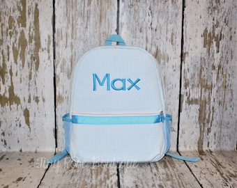 Toddler Seersucker Backpack - Aqua Personalized School Bag, Mini Backpack