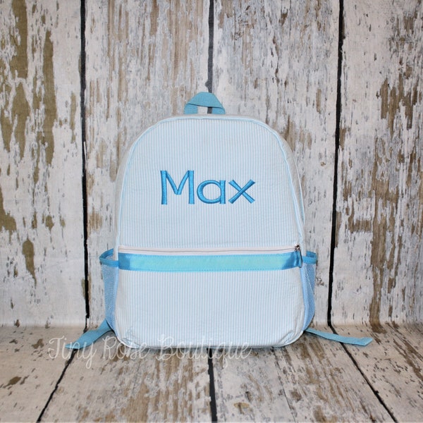 Seersucker Backpack - Aqua Personalized School Bag