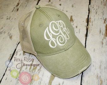 Monogrammed Trucker Hat, Distressed Khaki Trucker Hat - Personalized Ball Cap, Mesh Trucker Hat