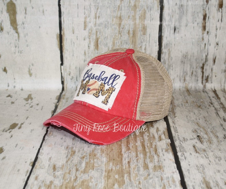 Baseball Mom Patch Hat, Distressed Red Trucker Hat image 2