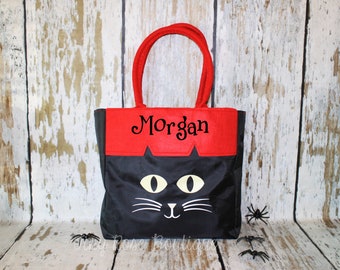 Black Cat Trick or Treat Tote | Personalized Halloween Tote | Monogrammed Halloween Bag