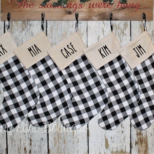Buffalo Check Stockings, Personalized Black White Buffalo Plaid Stocking