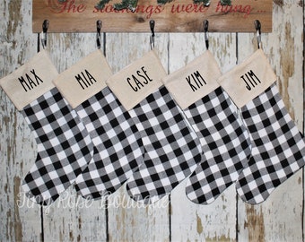 Buffalo Check Stockings, Personalized Black White Buffalo Plaid Stocking