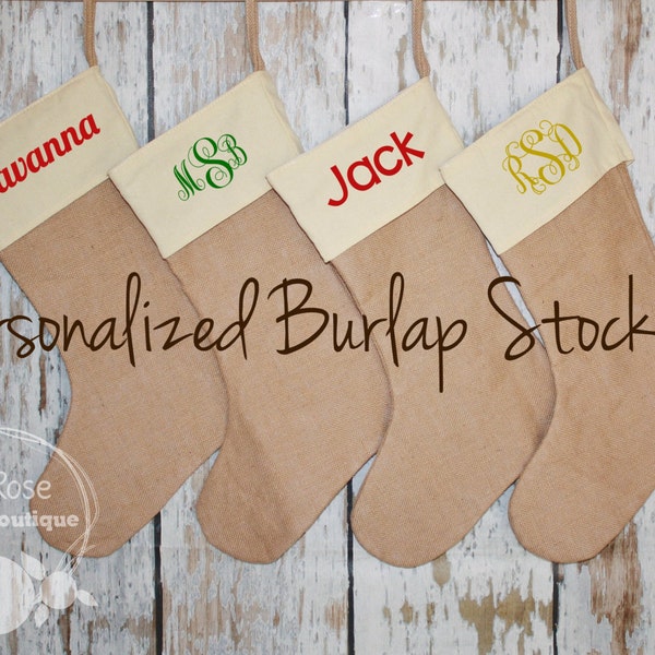 Personalized Christmas Stockings, Cream Canvas and Jute Holiday Stocking - Name or Monogram Included