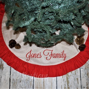 Personalized Burlap Christmas Tree Skirt: Red Ruffle, Embroidered Name