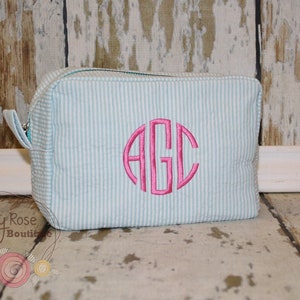 Monogrammed Aqua Seersucker Cosmetic Bag, Personalized Makeup Case - Bridesmaid, Wedding, Birthday, Graduation