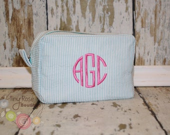 Monogrammed Aqua Seersucker Cosmetic Bag, Personalized Makeup Case - Bridesmaid, Wedding, Birthday, Graduation