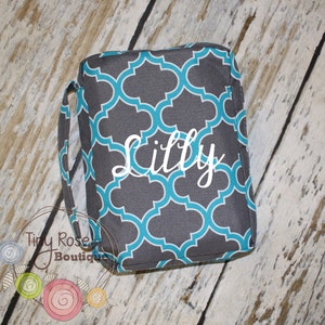 Personalized Bible Case Cover -Monogrammed Turquoise Grey Quatrefoil Bible Travel Case