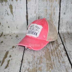 Sweet Sassy & Southern Patch Hat, Distressed Hot Coral Trucker Hat image 2