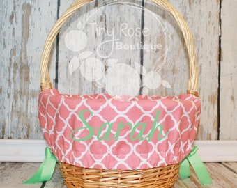 Personalized Easter Basket Liner- Coral Quatrefoil - Girl Easter Basket Liner