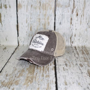 The Mountains are Calling and I Must Go Patch Hat, Distressed Brown Trucker Hat image 2