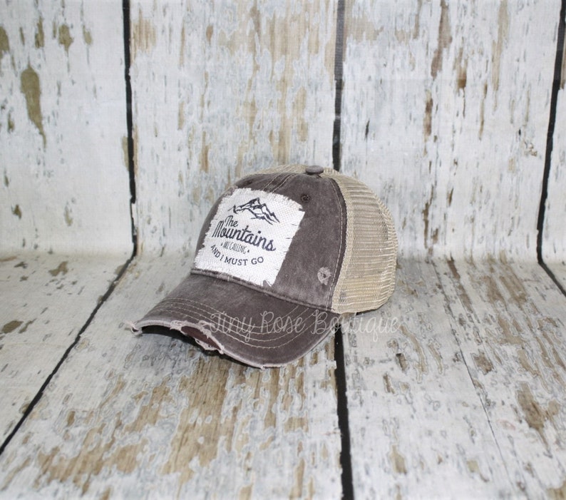 The Mountains are Calling and I Must Go Patch Hat, Distressed Brown Trucker Hat image 2