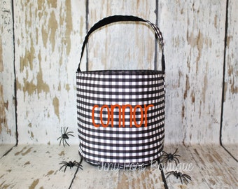 Personalized Halloween Bucket | Black Buffalo Check Trick or Treat Tote | Monogrammed Halloween Bag